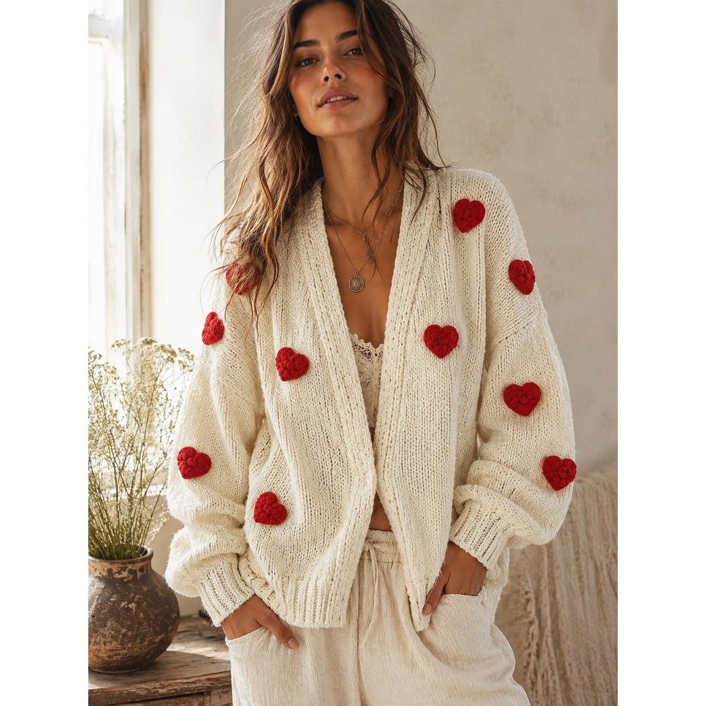 Arula Cream Chunky Knit Heart Cardigan Sweater Size A